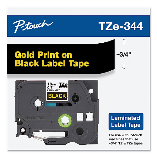 Brother TZe Standard Adhesive Laminated Labeling Tape, 0.7" x 26.2 ft, Gold on Black (TZE344)