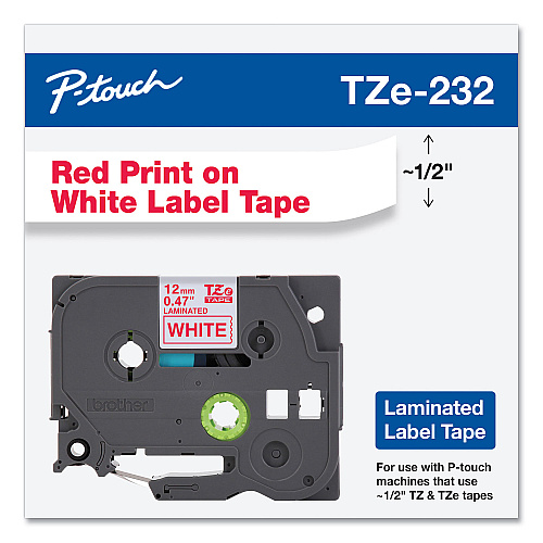 Brother TZe Standard Adhesive Laminated Labeling Tape, 0.47" x 26.2 ft, Red on White (TZE232)