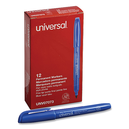 Universal Pen-Style Permanent Marker, Fine Bullet Tip, Blue, Dozen (UNV07073)