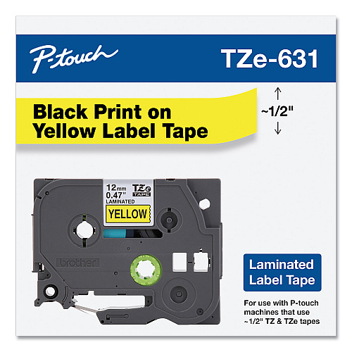 Brother TZe Standard Adhesive Laminated Labeling Tape, 0.47" x 26.2 ft, Black on Yellow (TZE631)