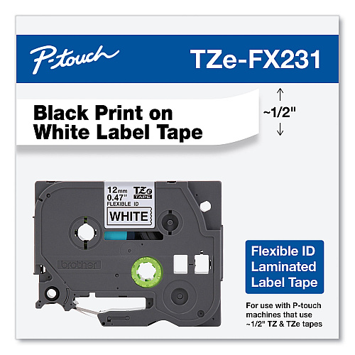 Brother Flexible ID Tape, 0.47" x 26.2 ft, Black on White (TZEFX231)