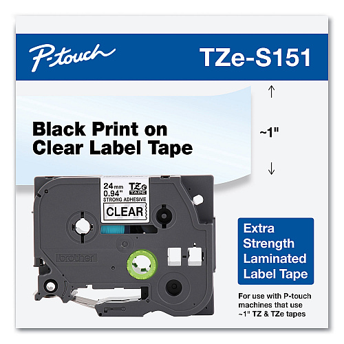 Brother TZe Extra-Strength Adhesive Laminated Labeling Tape, 0.94" x 26.2 ft, Black on Clear (TZES151)