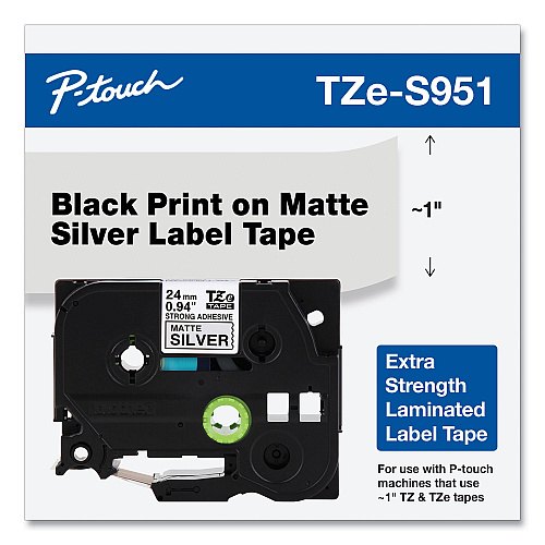 Brother TZ Extra-Strength Adhesive Laminated Labeling Tape, 0.94" x 26.2 ft, Black on Matte Silver (TZES951)