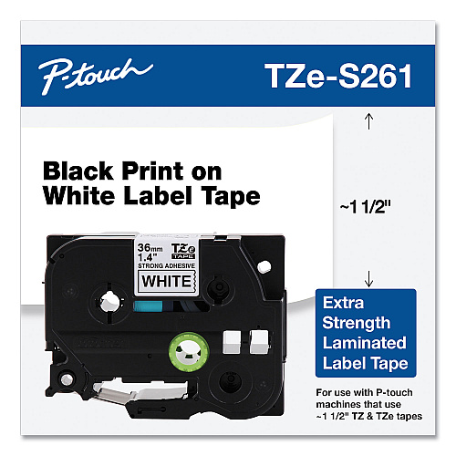 Brother TZ Extra-Strength Adhesive Laminated Labeling Tape, 1.4" x 26.2 ft, Black on White (TZES261)