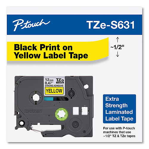 Brother TZe Extra-Strength Adhesive Laminated Labeling Tape, 0.47" x 26.2 ft, Black on Yellow (TZES631)