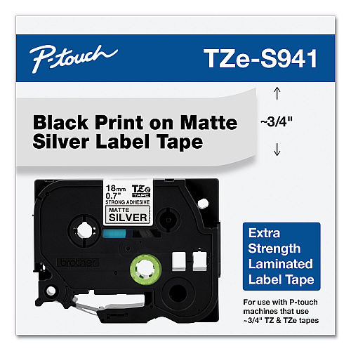 Brother TZ Extra-Strength Adhesive Laminated Labeling Tape, 0.7" x 26.2 ft, Black on Matte Silver (TZES941)