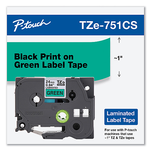 Brother TZe Laminated Removable Label Tapes, 0.94" x 26.2 ft, Black on Green (TZE751CS)