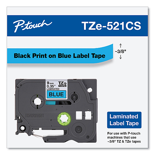 Brother TZe Laminated Removable Label Tapes, 0.35" x 26.2 ft, Black on Blue (TZE521CS)