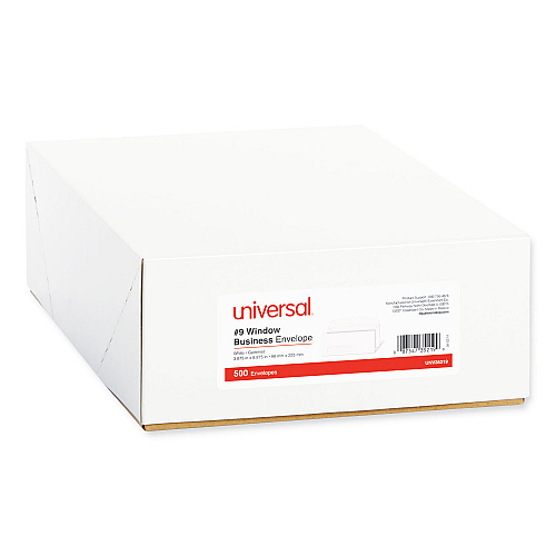 Universal Open-Side Business Envelope, 1 Window, #9, Square Flap, Gummed Closure, 3.88 x 8.88, White, 500/Box (UNV35219)