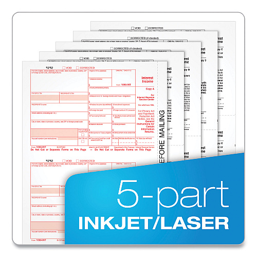 TOPS Five-Part 1099-INT Tax Forms for Inkjet/Laser Printers, Five-Part Carbonless, 8 x 5.5, 2 Forms/Sheet, 24 Forms Total (22983)