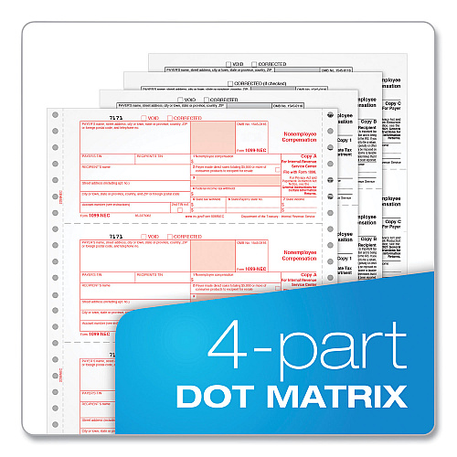 Adams 4-Part 1099-NEC Continuous Feed Tax Forms, Fiscal Year: 2024, Four-Part Carbonless, 8.5 x 5.5, 2 Forms/Sheet, 24 Forms Total (2299NEC)