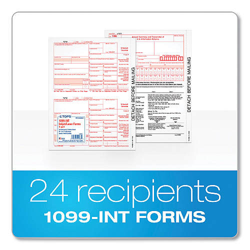 TOPS Five-Part 1099-INT Tax Forms for Inkjet/Laser Printers, Five-Part Carbonless, 8 x 5.5, 2 Forms/Sheet, 24 Forms Total (22983)