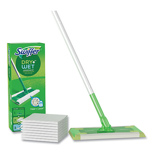 Swiffer Sweeper Mop, 10 x 4.8 White Cloth Head, 46" Green/Silver Aluminum/Plastic Handle, 6/Carton (92815CT)