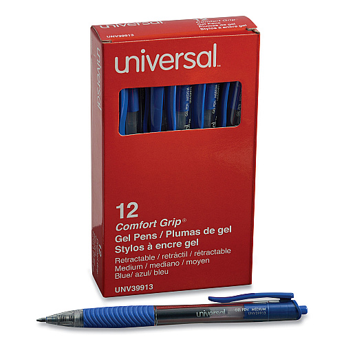 Universal Comfort Grip Gel Pen, Retractable, Medium 0.7 mm, Blue Ink, Clear/Blue Barrel, Dozen (UNV39913)