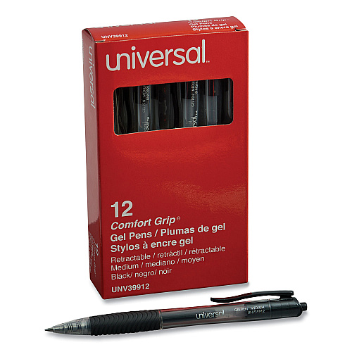 Universal Comfort Grip Gel Pen, Retractable, Medium 0.7 mm, Black Ink, Clear/Black Barrel, Dozen (UNV39912)