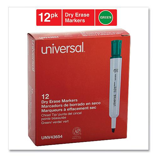 Universal Dry Erase Marker, Broad Chisel Tip, Green, Dozen (UNV43654)