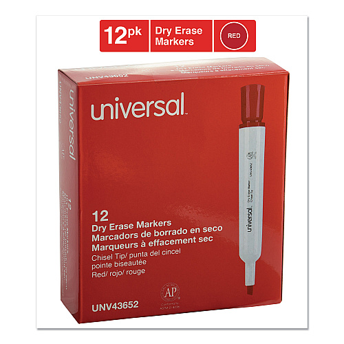 Universal Dry Erase Marker, Broad Chisel Tip, Red, Dozen (UNV43652)