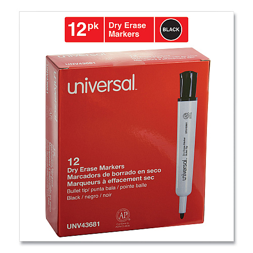 Universal Dry Erase Marker, Medium Bullet Tip, Black, Dozen (UNV43681)