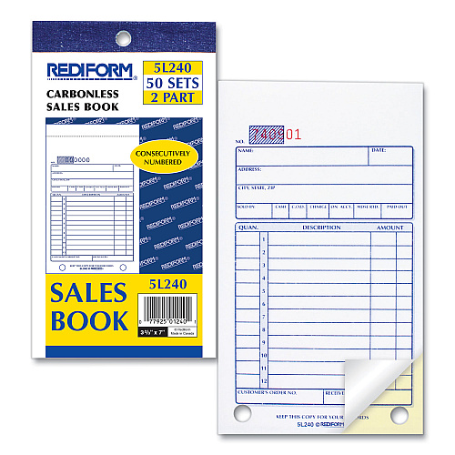Rediform Sales Book, 12 Lines, Two-Part Carbonless, 3.63 x 6.38, 50 Forms Total (5L240)