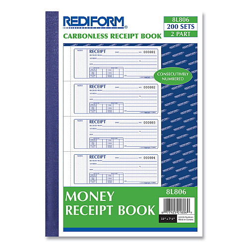 Rediform Money Receipt Book, Softcover, Two-Part Carbonless, 7 x 2.75, 4 Forms/Sheet, 200 Forms Total (8L806)