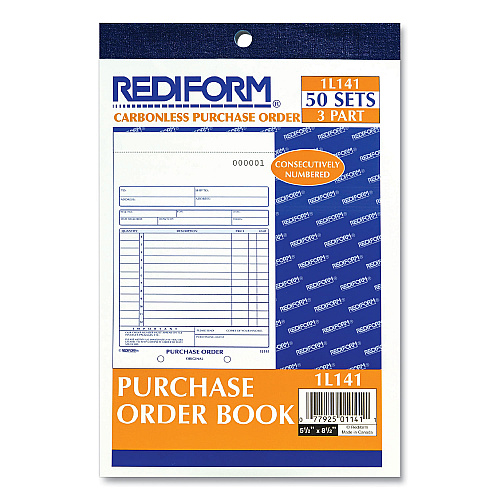 Rediform Purchase Order Book, 12 Lines, Three-Part Carbonless, 5.5 x 7.88, 50 Forms Total (1L141)