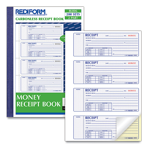 Rediform Money Receipt Book, Softcover, Two-Part Carbonless, 7 x 2.75, 4 Forms/Sheet, 200 Forms Total (8L806)