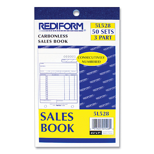 Rediform Sales Book, 12 Lines, Three-Part Carbonless, 4.25 x 6.38, 50 Forms Total (5L528)