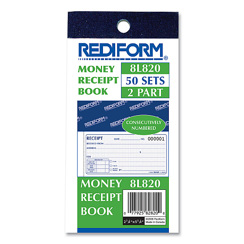 Rediform Small Money Receipt Book, Two-Part Carbonless, 2.75 x 5, 50 Forms Total (8L820)