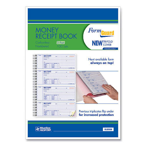 Rediform Money Receipt Book, FormGuard Cover, Three-Part Carbonless, 7 x 2.75, 4 Forms/Sheet, 100 Forms Total (8L808R)