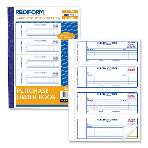 Rediform Purchase Order Book, 5 Lines, Two-Part Carbonless, 7 x 2.75, 4 Forms/Sheet, 400 Forms Total (1L176)