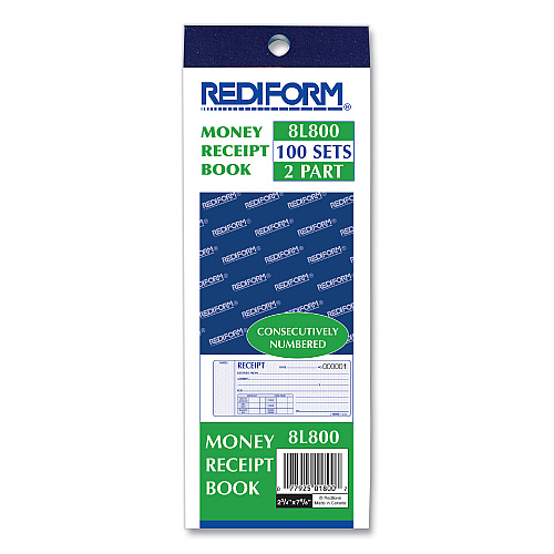 Rediform Receipt Book, Two-Part Carbonless, 7 x 2.75, 4 Forms/Sheet, 100 Forms Total (8L800)