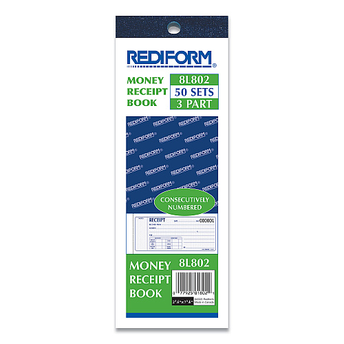 Rediform Receipt Book, Three-Part Carbonless, 7 x 2.75, 4 Forms/Sheet, 50 Forms Total (8L802)