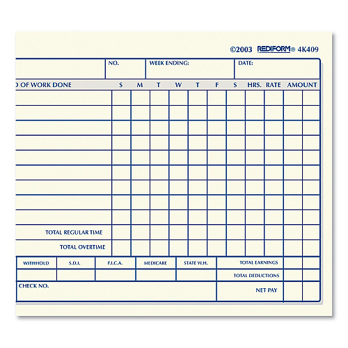 Rediform Weekly Employee Time Cards, One Side, 4.25 x 7, 100/Pad (4K409)
