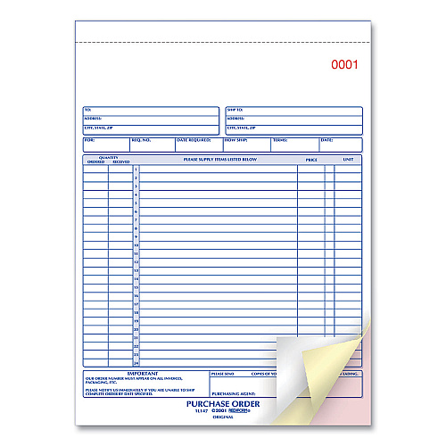 Rediform Purchase Order Book, 17 Lines, Three-Part Carbonless, 8.5 x 11, 50 Forms Total (1L147)