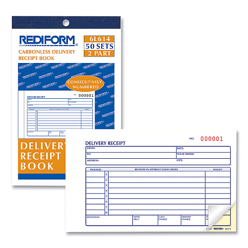 Rediform Delivery Receipt Book, Three-Part Carbonless, 6.38 x 4.25, 50 Forms Total (6L614)