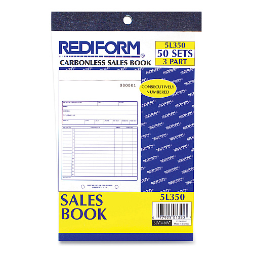 Rediform Sales Book, 15 Lines, Three-Part Carbonless, 5.5 x 7.88, 50 Forms Total (5L350)