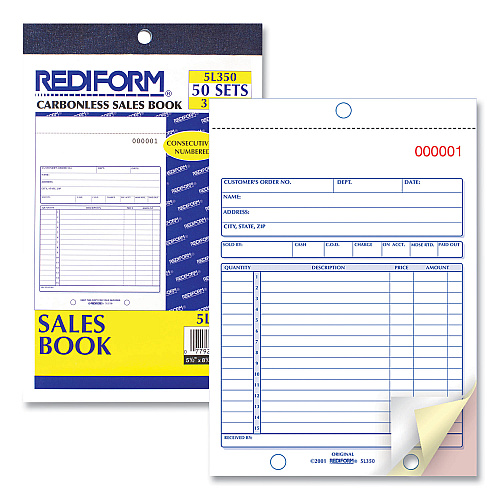 Rediform Sales Book, 15 Lines, Three-Part Carbonless, 5.5 x 7.88, 50 Forms Total (5L350)