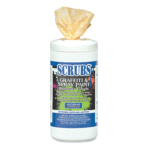 SCRUBS Graffiti and Paint Remover Towels, Citrus, 10 x 12, Neutral Scent, Orange on White, 30/Canister, 6 Canisters/Carton (90130CT)