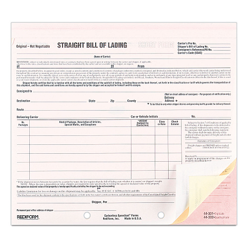 Rediform Snap-A-Way Bill of Lading, Short Form, Three-Part Carbonless, 7 x 8.5, 250 Forms Total (44301)