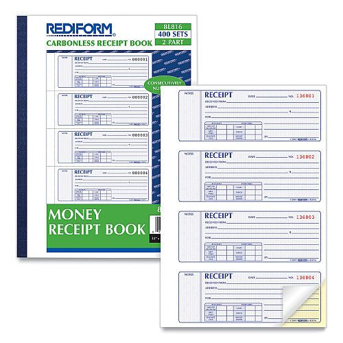 Rediform Receipt Book, Two-Part Carbonless, 7 x 2.75, 4 Forms/Sheet, 400 Forms Total (8L816)