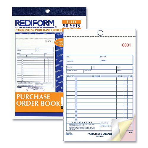 Rediform Purchase Order Book, 12 Lines, Three-Part Carbonless, 5.5 x 7.88, 50 Forms Total (1L141)