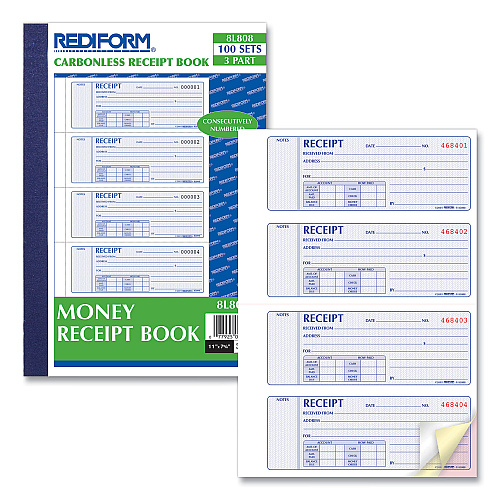 Rediform Money Receipt Book, Softcover, Three-Part Carbonless, 7 x 2.75, 4 Forms/Sheet, 100 Forms Total (8L808)