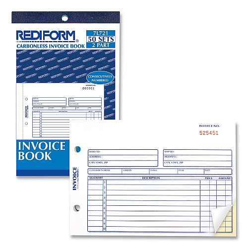 Rediform Invoice Book, Two-Part Carbonless, 5.5 x 7.88, 50 Forms Total (7L721)