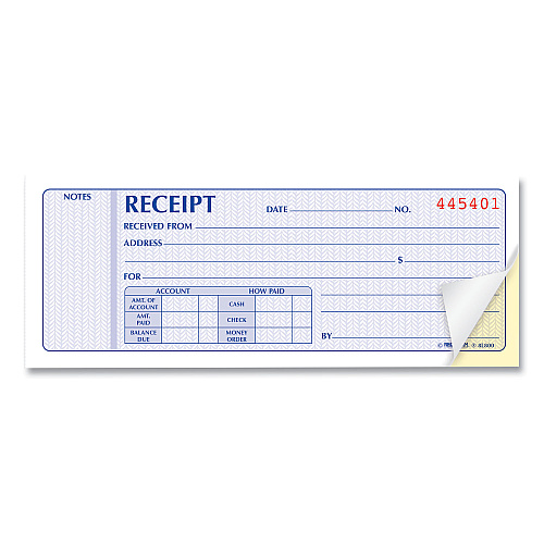 Rediform Receipt Book, Two-Part Carbonless, 7 x 2.75, 4 Forms/Sheet, 100 Forms Total (8L800)