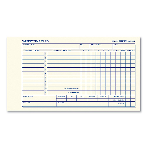 Rediform Weekly Employee Time Cards, One Side, 4.25 x 7, 100/Pad (4K409)