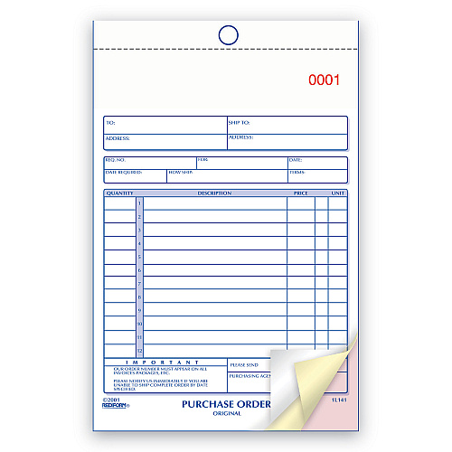 Rediform Purchase Order Book, 12 Lines, Three-Part Carbonless, 5.5 x 7.88, 50 Forms Total (1L141)