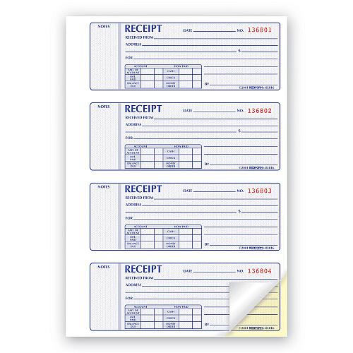 Rediform Receipt Book, Two-Part Carbonless, 7 x 2.75, 4 Forms/Sheet, 400 Forms Total (8L816)