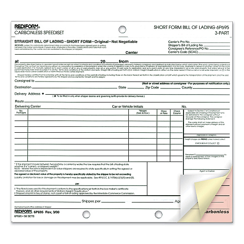 Rediform Speediset Bill of Lading, Short Form, Three-Part Carbonless, 7 x 8.5, 50 Forms Total (6P695)