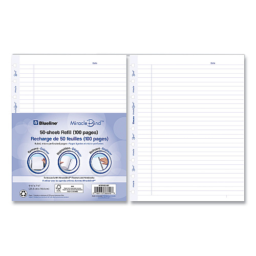Blueline MiracleBind Ruled Paper Refill Sheets for all MiracleBind Notebooks and Planners, 9.25 x 7.25, White/Blue Sheets, Undated (AFR9050R)
