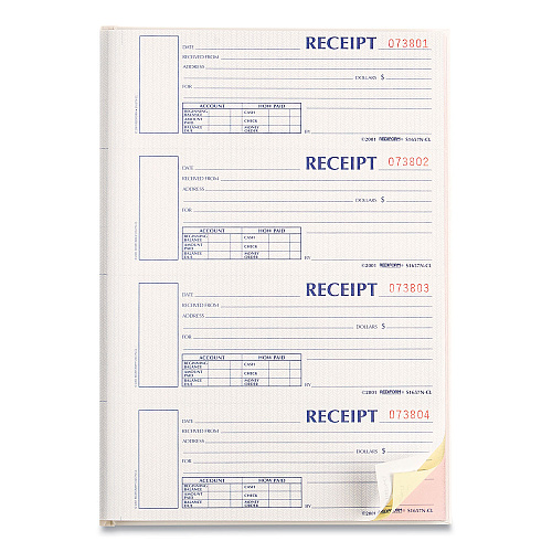 Rediform Durable Hardcover Numbered Money Receipt Book, Three-Part Carbonless, 6.88 x 2.75, 4 Forms/Sheet, 200 Forms Total (S1657NCL)